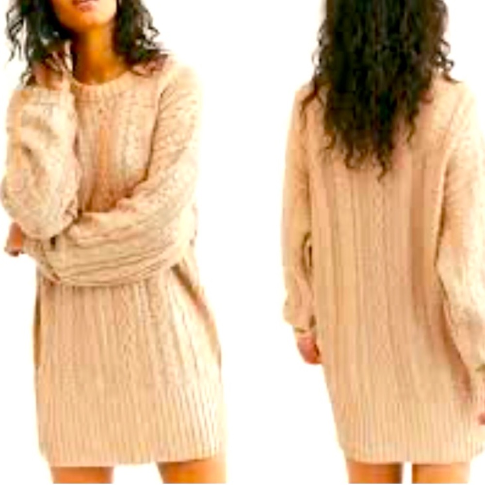 Free People Good as Gold Cable Knit Sweater Dress in Sm. Tan w Shimmery Gold